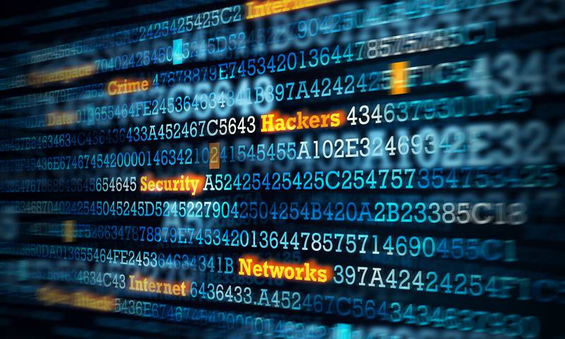 Ligne de code informatique avec incrustation de mots en jaune (Crime, Security, Hackers, Networks, Internet))