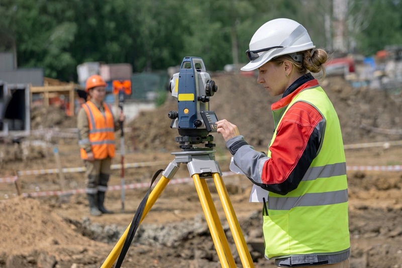 Femme avec un gilet de sécurité prenant des mesures topographiques sur un chantier de fouilles archéologiques