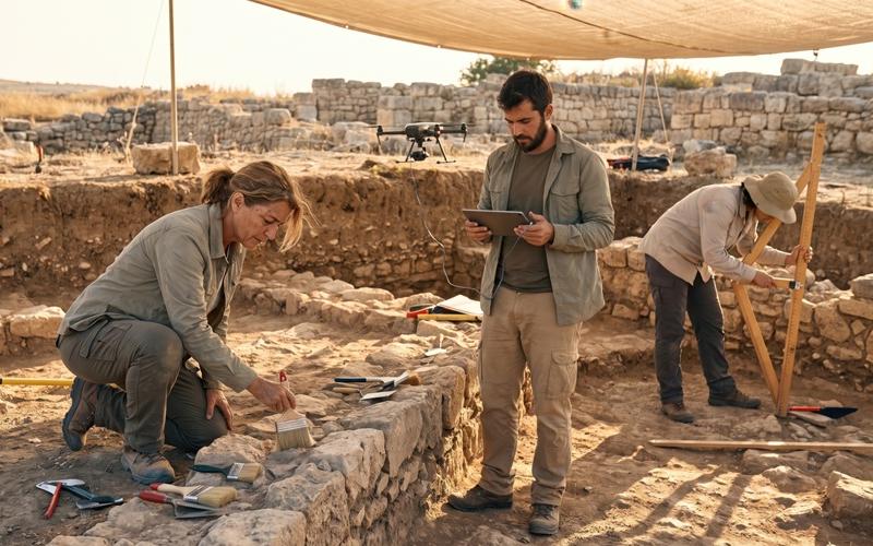 Fouilles archéologiques protégées par une tente